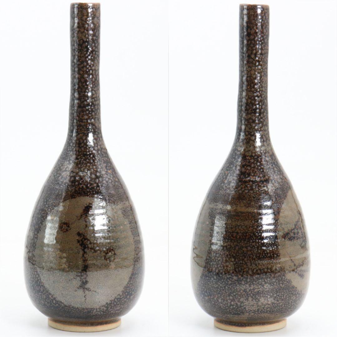 十代 大樋長左衛門(年朗)作 天目釉 魚文花入 花瓶 花器 二重箱　AB844