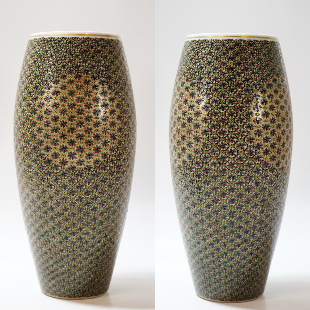 NA3410 九谷焼 北出塔次郎作 錦繍手更紗図 花生 高さ28.5㎝ 2重共箱