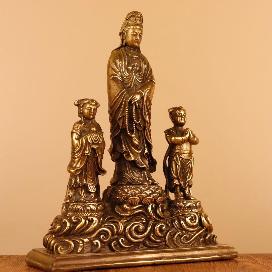 仏教美術 仏像 金童玉女観世音菩薩仏像 小仏像 銅製 銅器