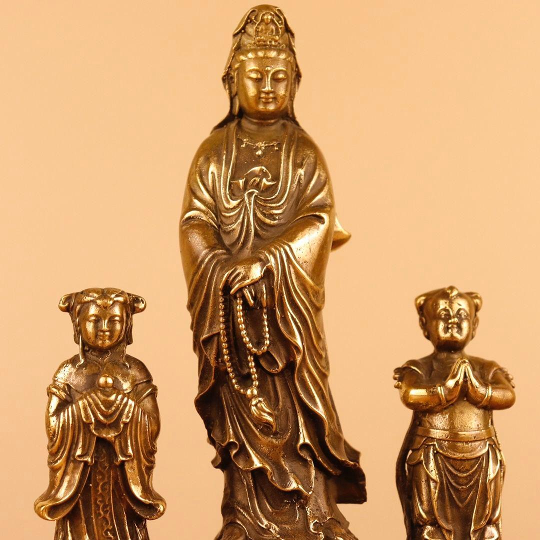 仏教美術 仏像 金童玉女観世音菩薩仏像 小仏像 銅製 銅器