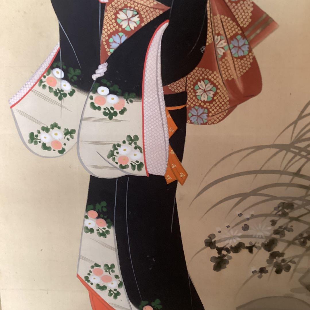 絹本着色画　【　月　下　美　人　之　図　】　玉泉筆　　桐箱　掛軸　一幅　297