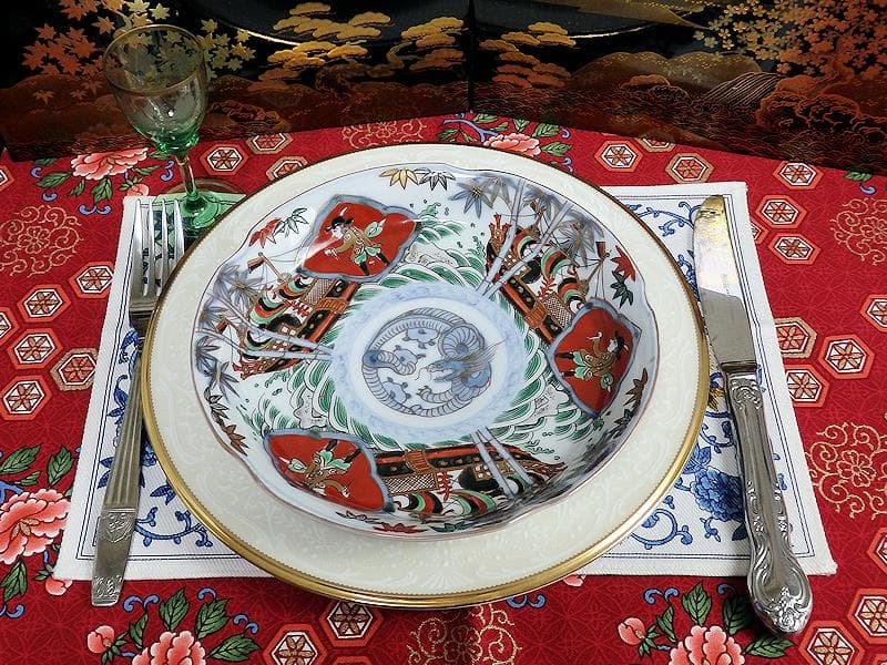 古伊万里　金襴手　五艘船に南蛮人の図　６寸皿　A527AS-BQl