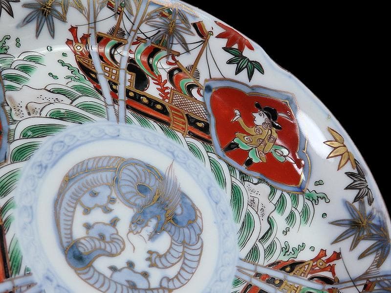 古伊万里　金襴手　五艘船に南蛮人の図　６寸皿　A527AS-BQl