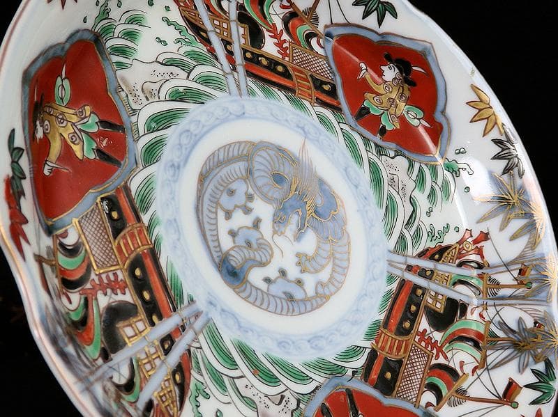 古伊万里　金襴手　五艘船に南蛮人の図　６寸皿　A527AS-BQl