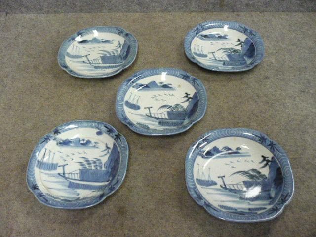 伊万里 海辺の舟 染付 中皿 5枚 [B31367]