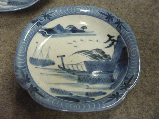 伊万里 海辺の舟 染付 中皿 5枚 [B31367]