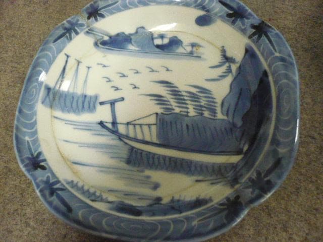 伊万里 海辺の舟 染付 中皿 5枚 [B31367]