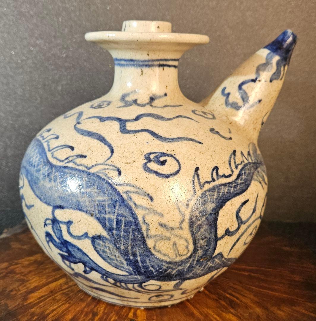 中国南方系古陶磁器　李朝系古陶磁器　青華　雲龍図　水瓶　酒瓶　酒注ぎ　壺　花入れ