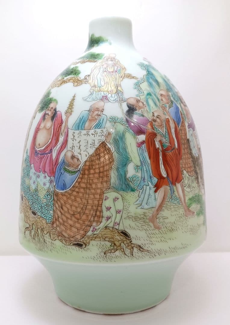 Y2979 中国 清代 雍正年製 粉彩 十六羅漢 壷 木箱付き