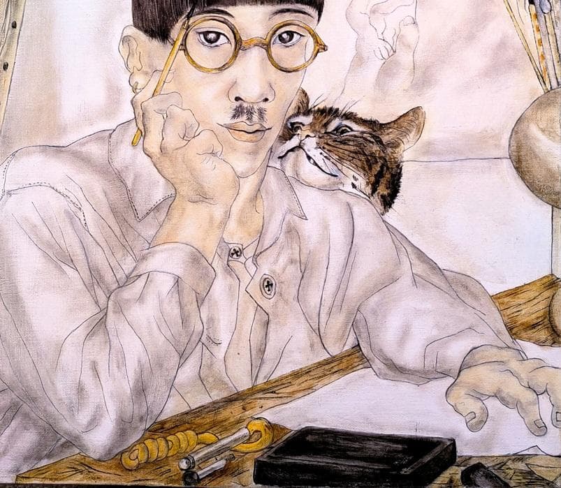 伊藤和生　藤田嗣治作「アトリエの自画像]リヨン美術館所蔵　油彩画にて模写 　額装