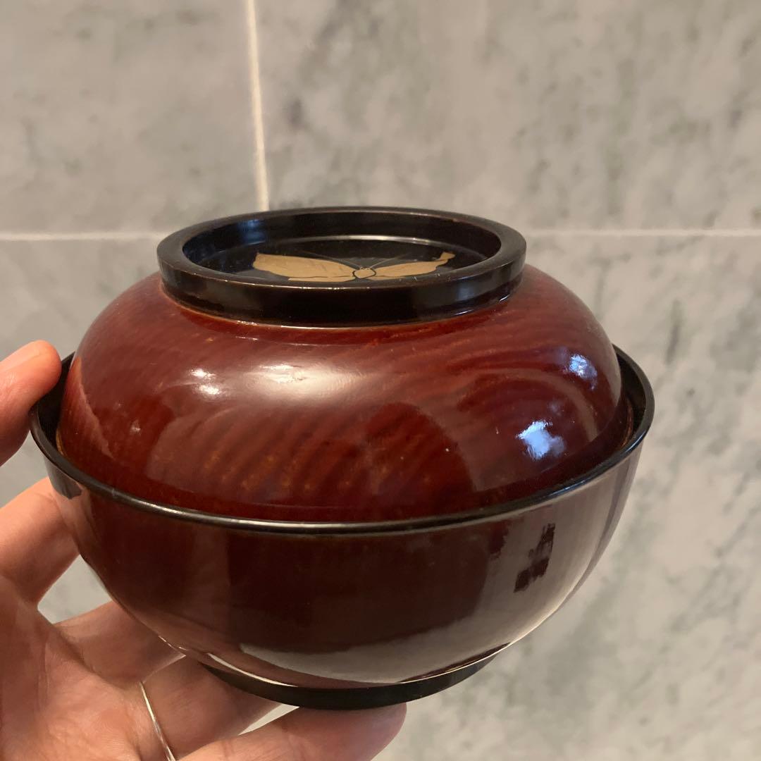 ユリコ様アンティーク明治　金彩の蝶々や牡丹の花が美し過ぎる木製輪島漆塗りお椀2客