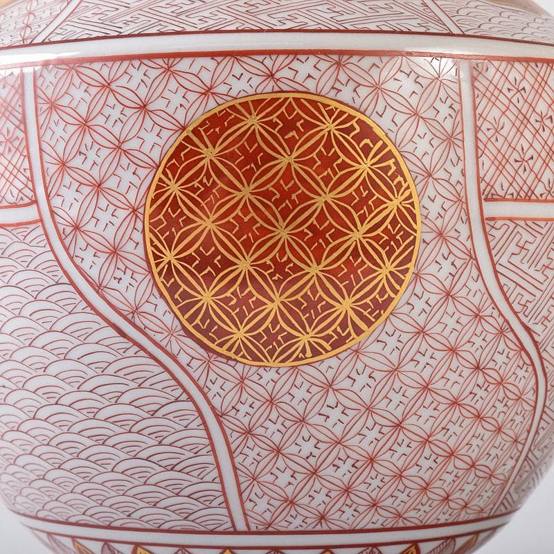 九谷焼　西野昭弘作　昭月造　本金赤細書小紋　鶴首花瓶　共箱　V　R8332B