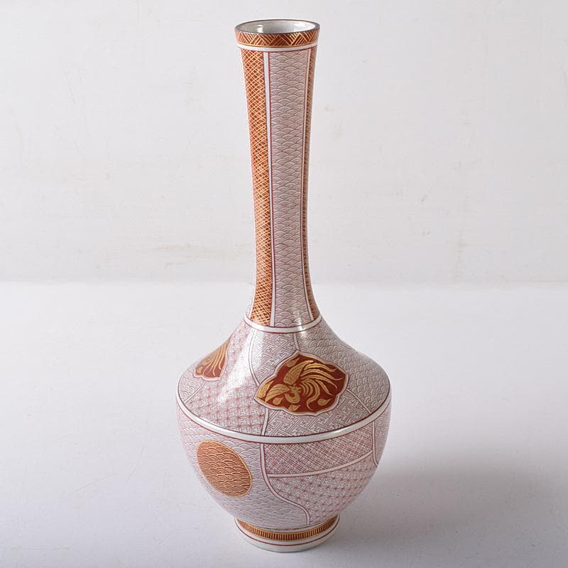 九谷焼　西野昭弘作　昭月造　本金赤細書小紋　鶴首花瓶　共箱　V　R8332B