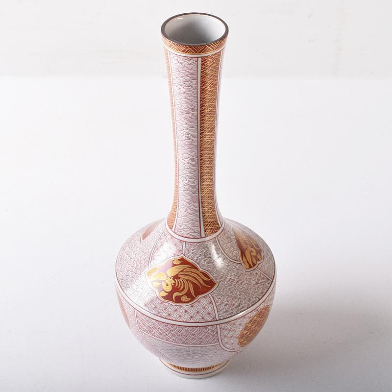 九谷焼　西野昭弘作　昭月造　本金赤細書小紋　鶴首花瓶　共箱　V　R8332B