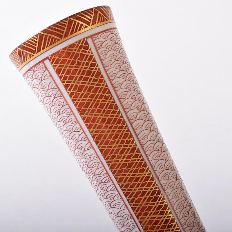 九谷焼　西野昭弘作　昭月造　本金赤細書小紋　鶴首花瓶　共箱　V　R8332B