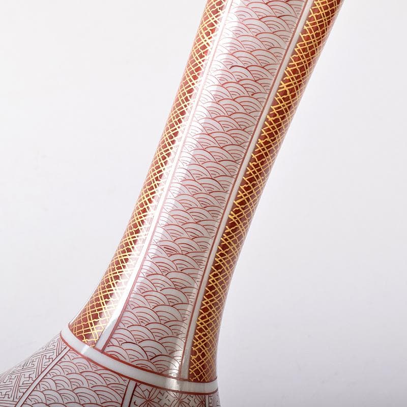 九谷焼　西野昭弘作　昭月造　本金赤細書小紋　鶴首花瓶　共箱　V　R8332B