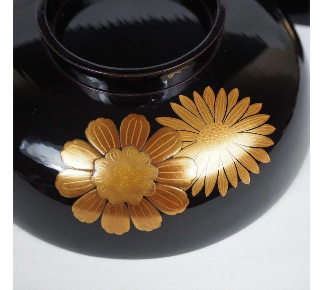 送料無料　江戸～明治日本橋老舗黒江屋　蔦家紋　本塗地散菊花金蒔絵吸物椀10客共箱