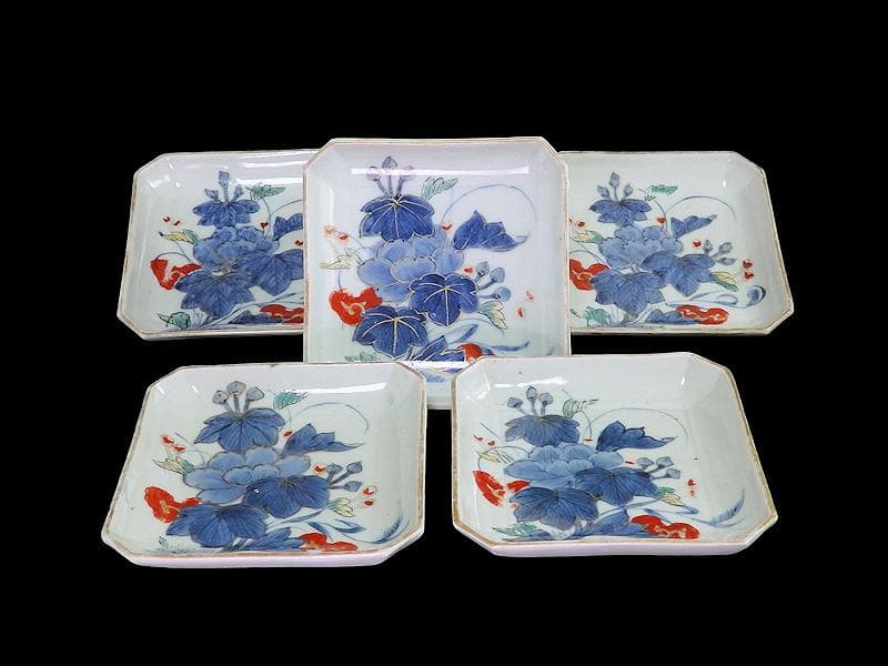 古伊万里　染錦　牡丹の図　角皿　５枚　131AS-CWz