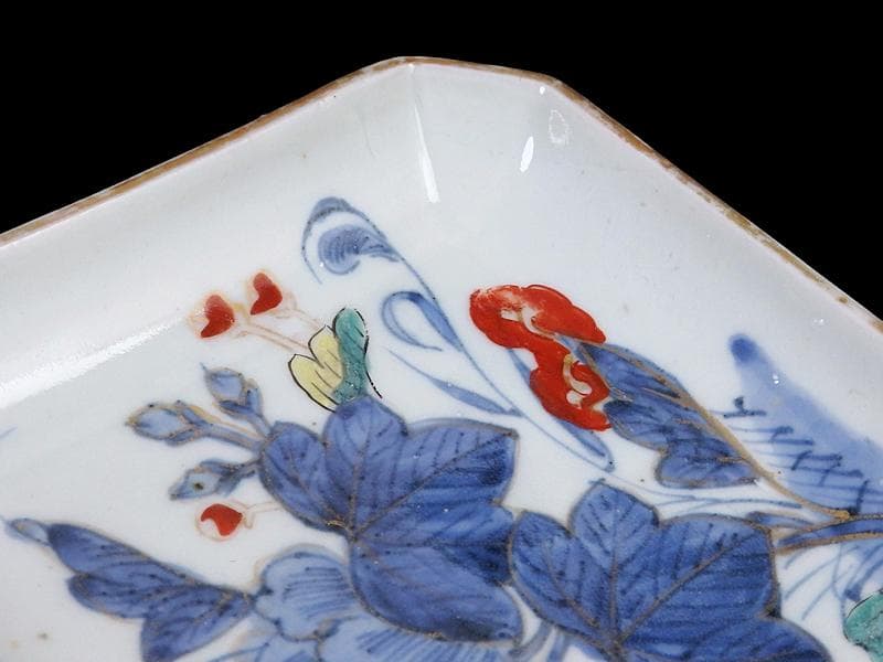 古伊万里　染錦　牡丹の図　角皿　５枚　131AS-CWz