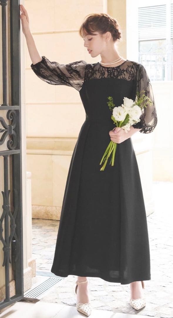 美品◆GIRL レース切り替えパフスリーブ ロングドレスL オケージョン 結婚式