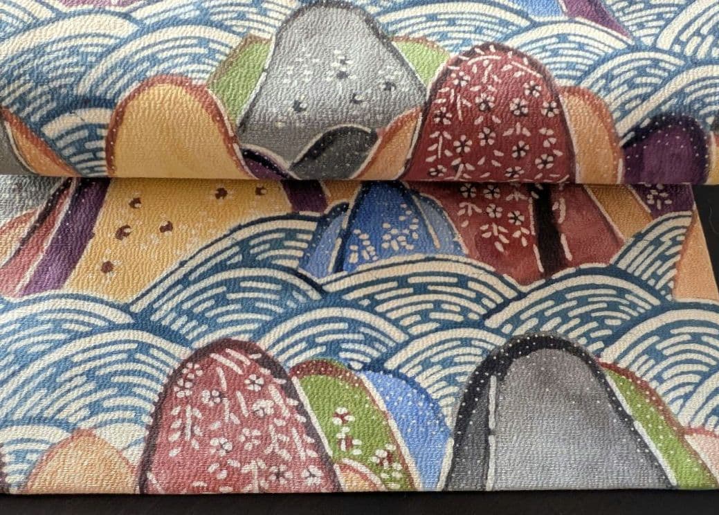 正絹　紬　紅型染め名古屋帯　遠山