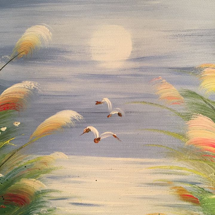 手書き油絵 海と海鳥 額付 絵画 インテリア