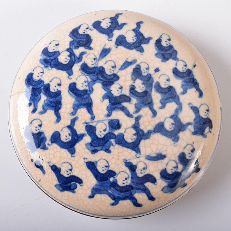 中国　大清康煕年製款　青花　唐子文　香合　時代箱付　G　R8252