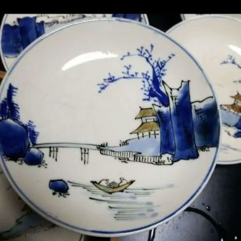 時代物 九谷 明治以前染め付けの16センチ弱のおさら6枚です