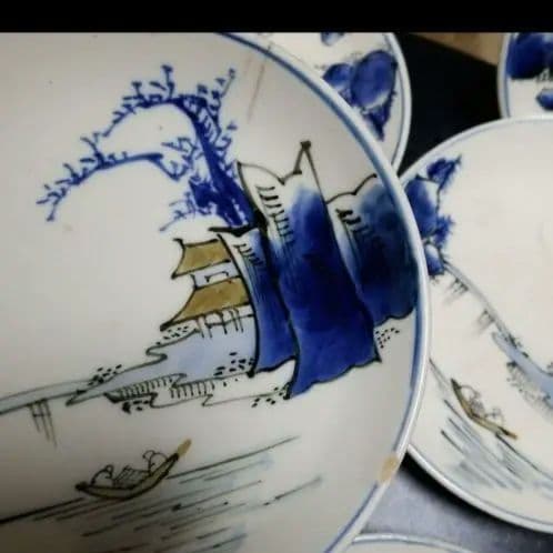 時代物 九谷 明治以前染め付けの16センチ弱のおさら6枚です