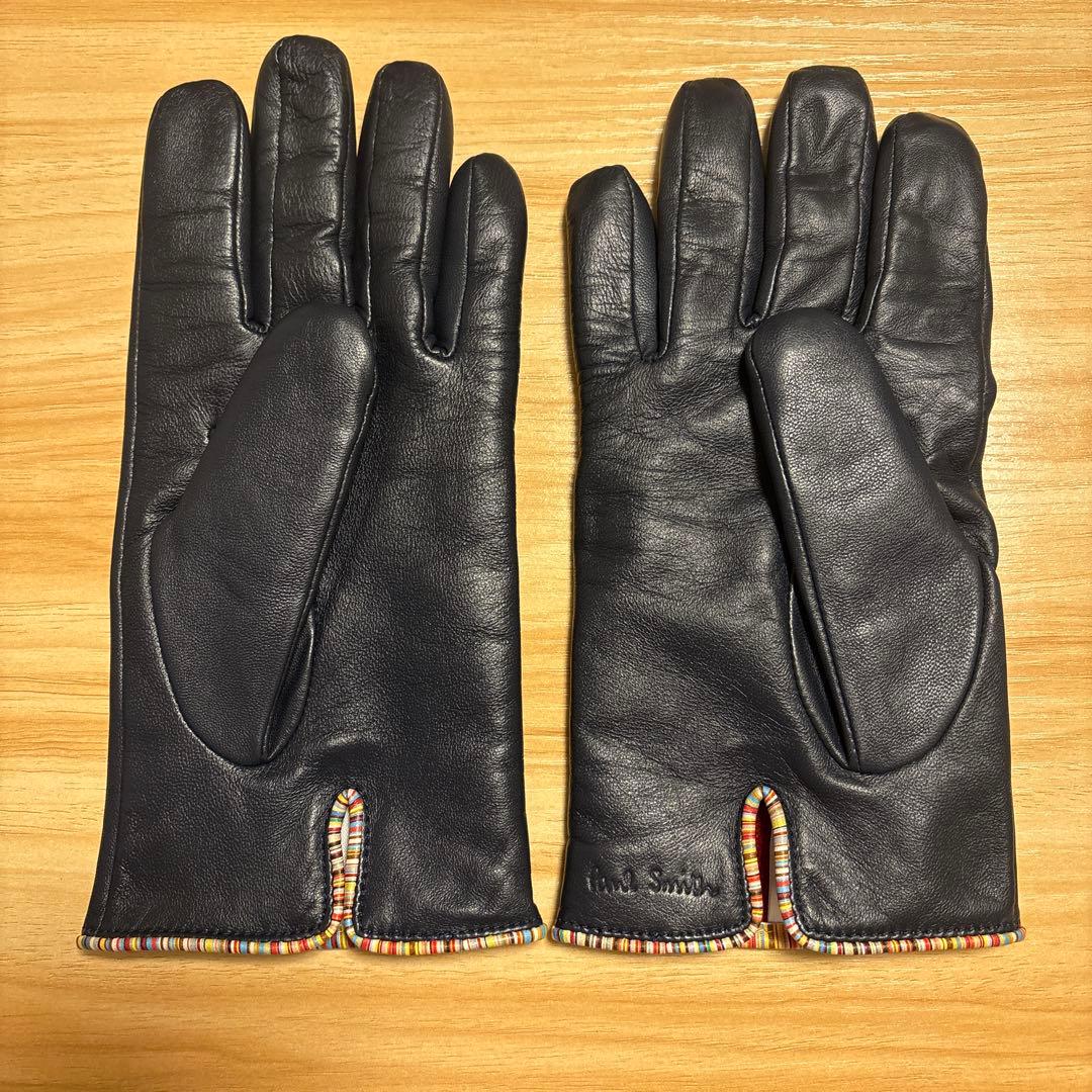 Paul Smith 濃青 シグネチャーストライプパイピングレザーグローブ