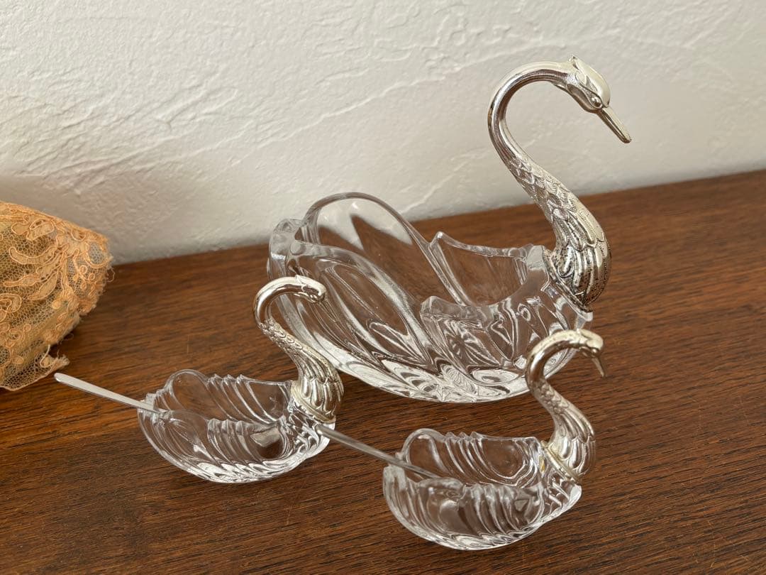 白鳥　スワン　3個セット　調味料入れ　クリスタルガラス