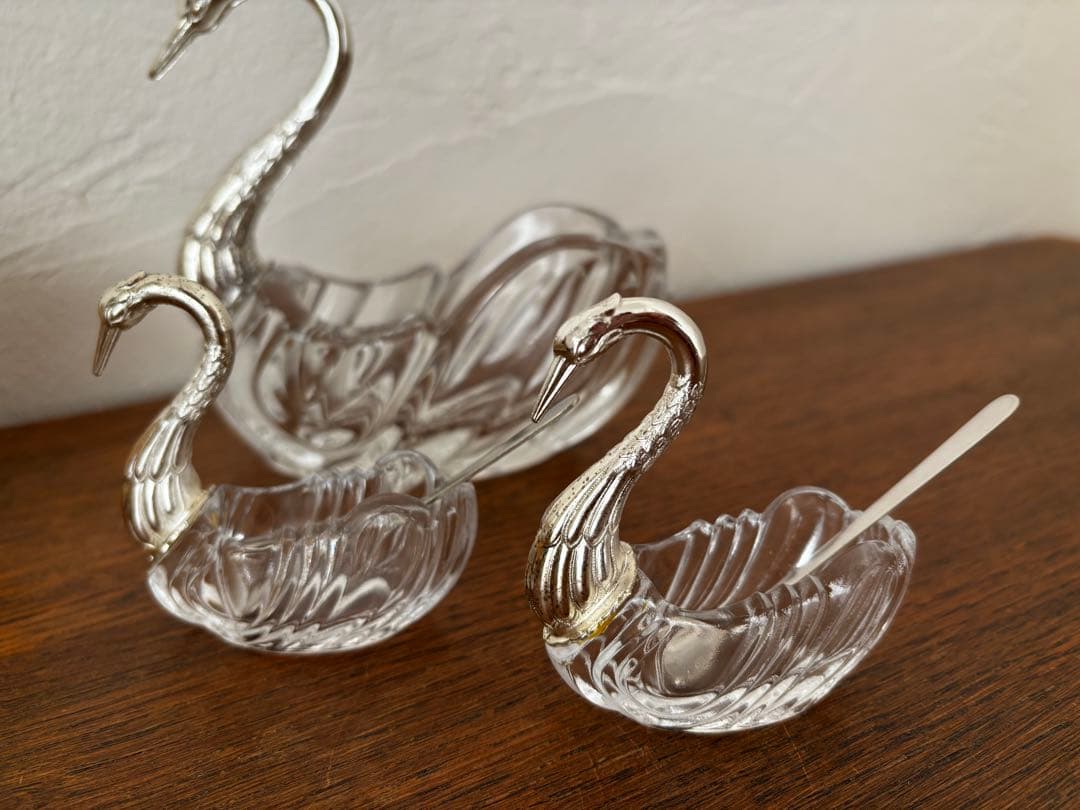 白鳥　スワン　3個セット　調味料入れ　クリスタルガラス