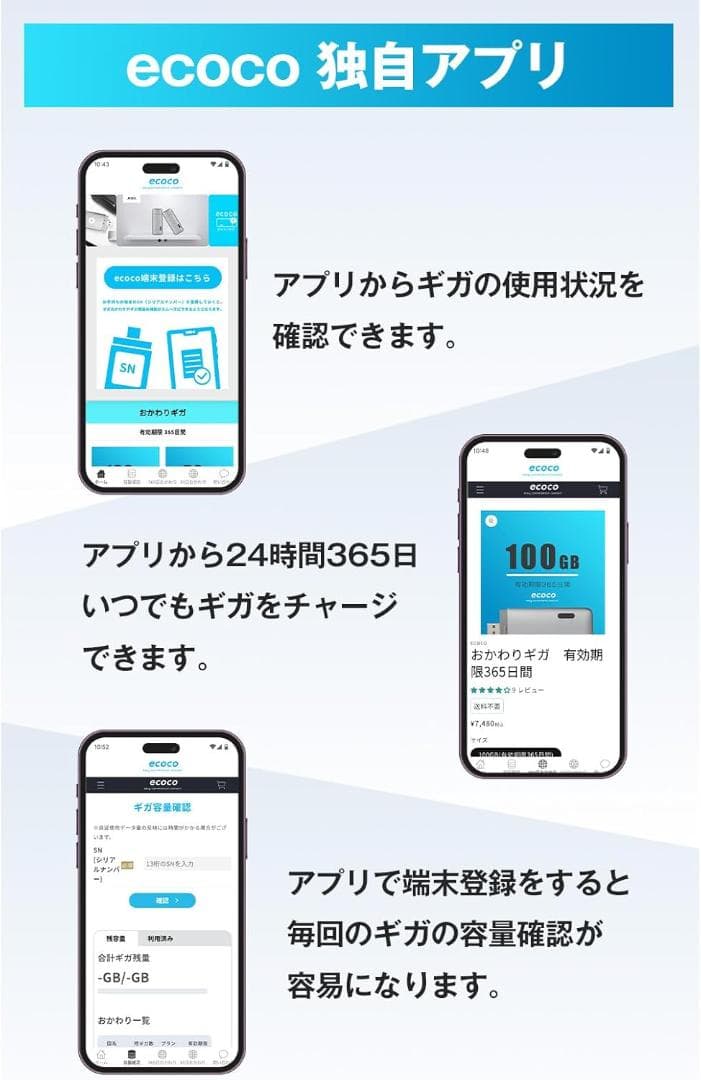 【ecoco】ポケットWi-Fi　1年間 10GB USB型 ギガリチャージ可能