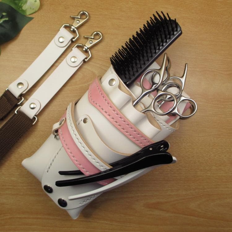 ホワイト＆ピンク　６丁差し　本革シザーケース　SCA-154/CWB