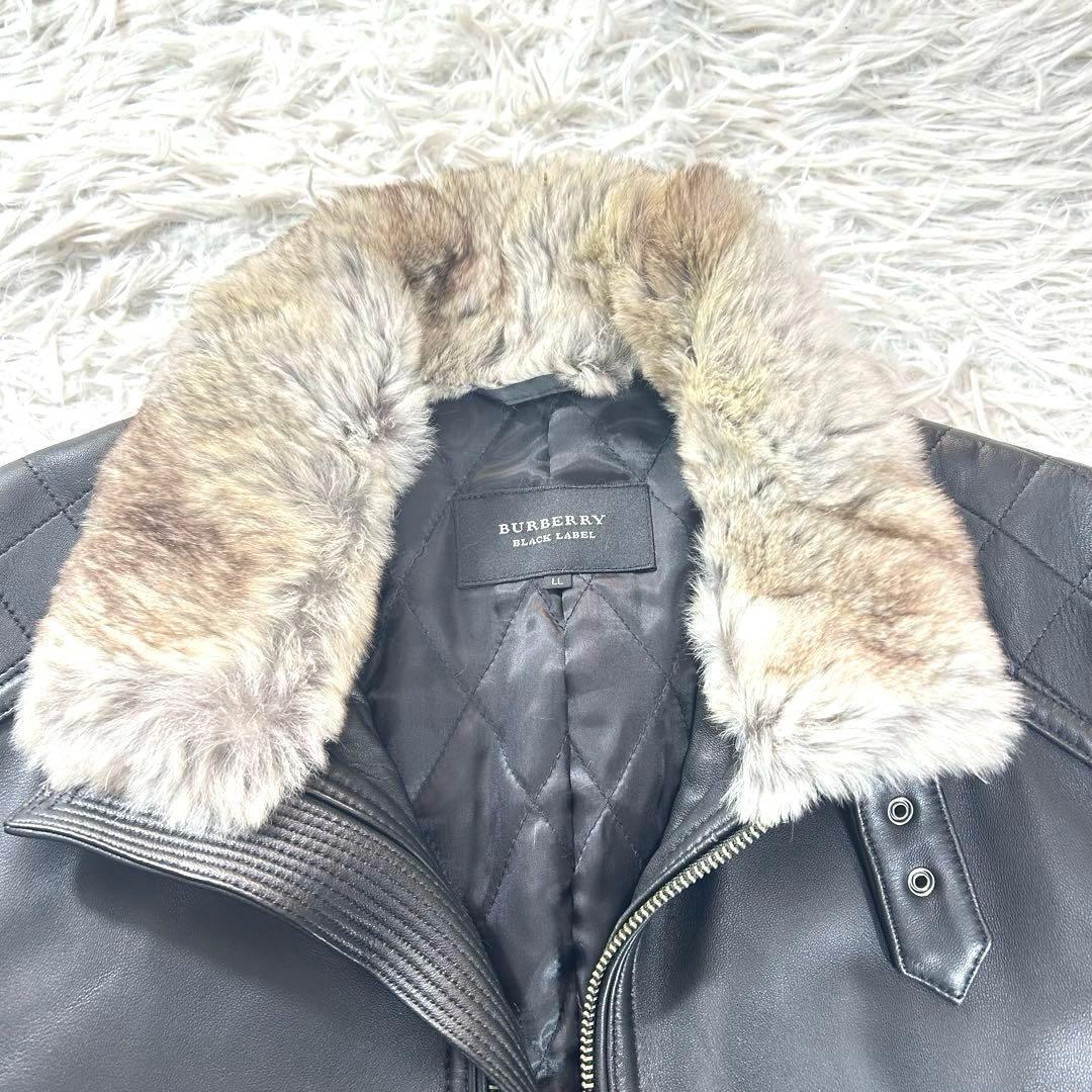バーバリーブラックレーベル　レザージャケット　羊革　ラビットファー　XL 黒