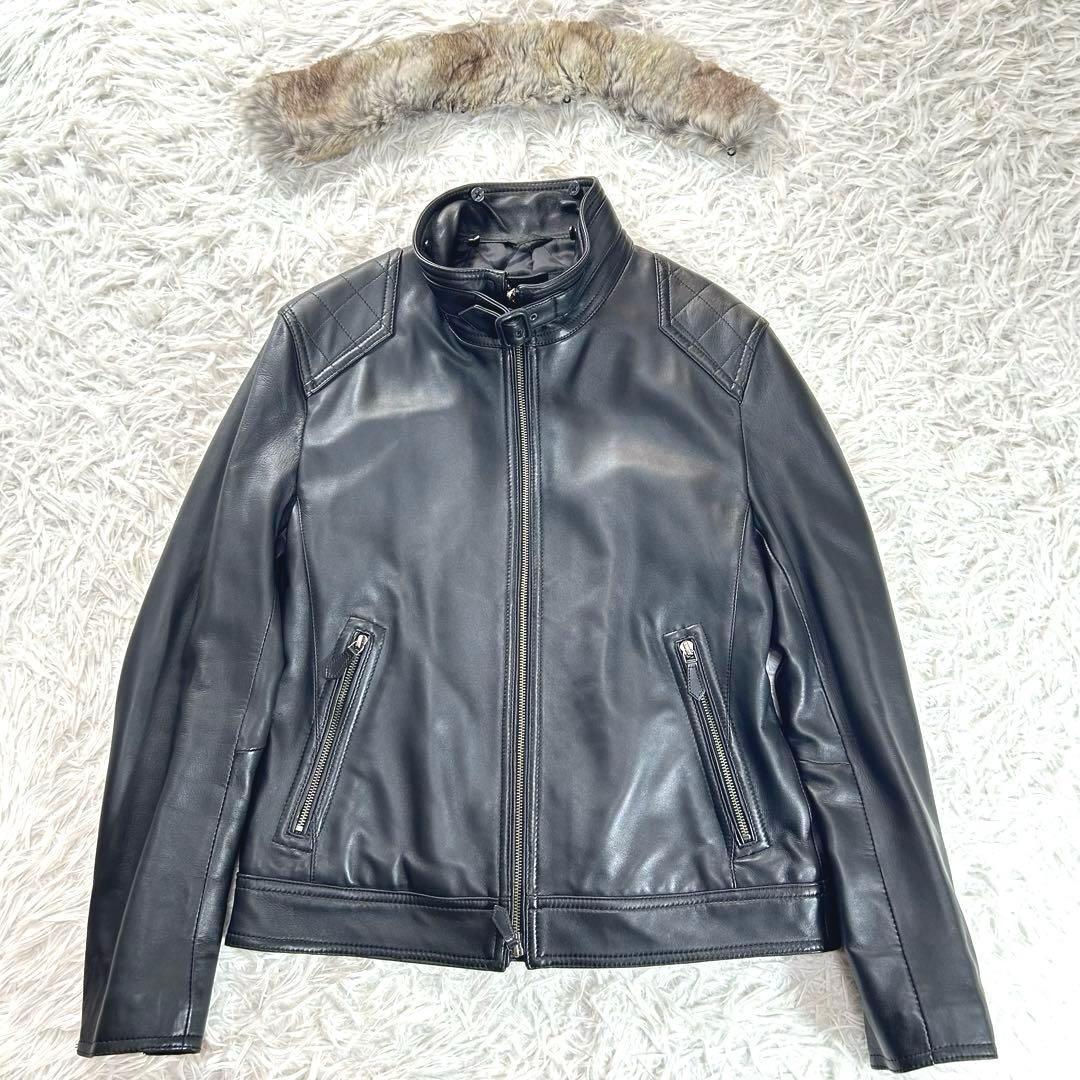 バーバリーブラックレーベル　レザージャケット　羊革　ラビットファー　XL 黒