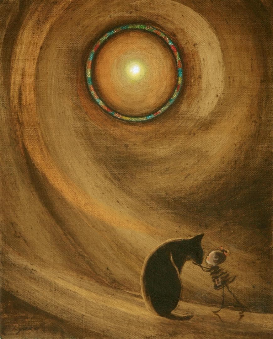 油絵 菅家令子 絵 絵画インテリア額付(黒)F3-072819 祈り子犬猫女の子