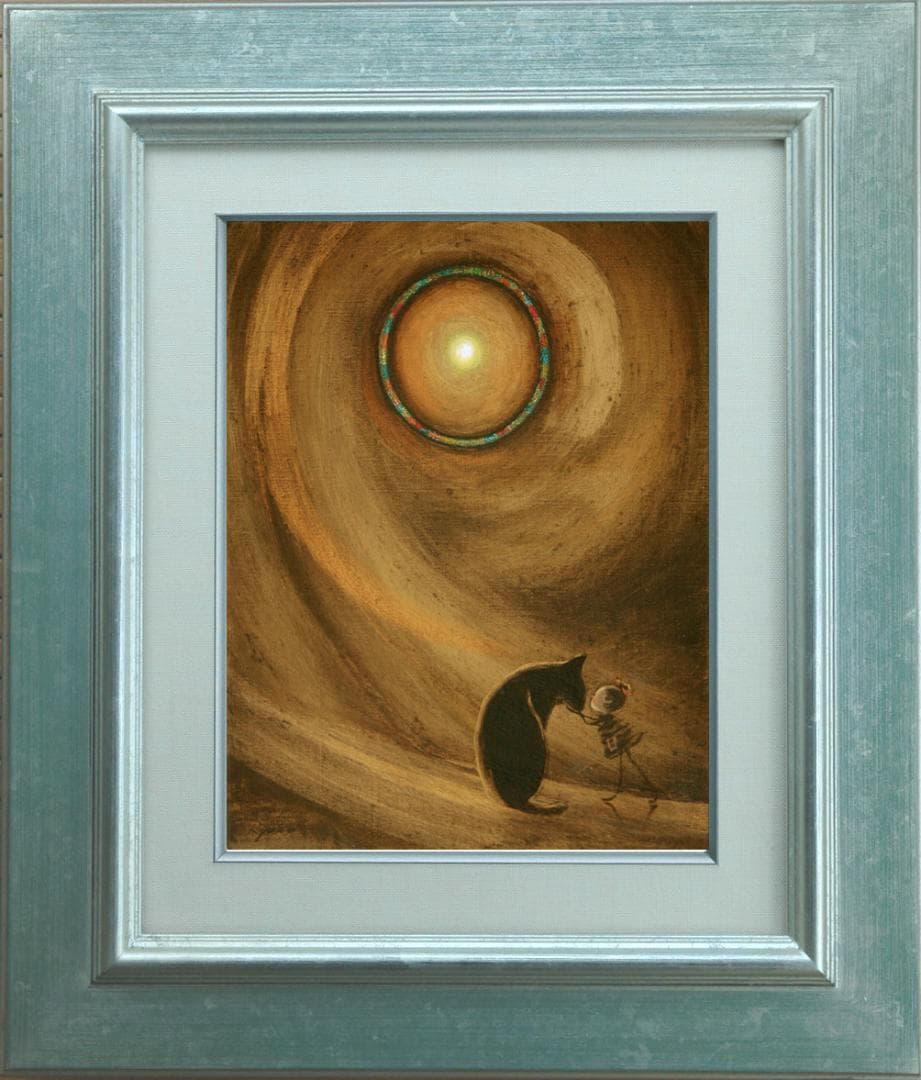 油絵 菅家令子 絵 絵画インテリア額付(黒)F3-072819 祈り子犬猫女の子