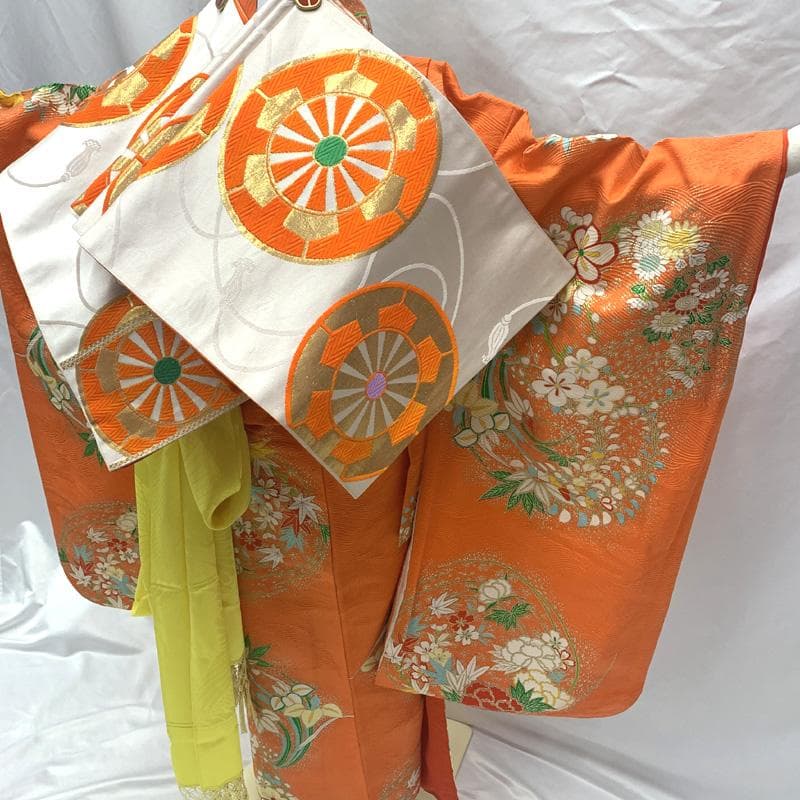 504ag84しごき,帯締め,帯揚げ□七五三 七歳 女児 着物&袋帯 金彩 花