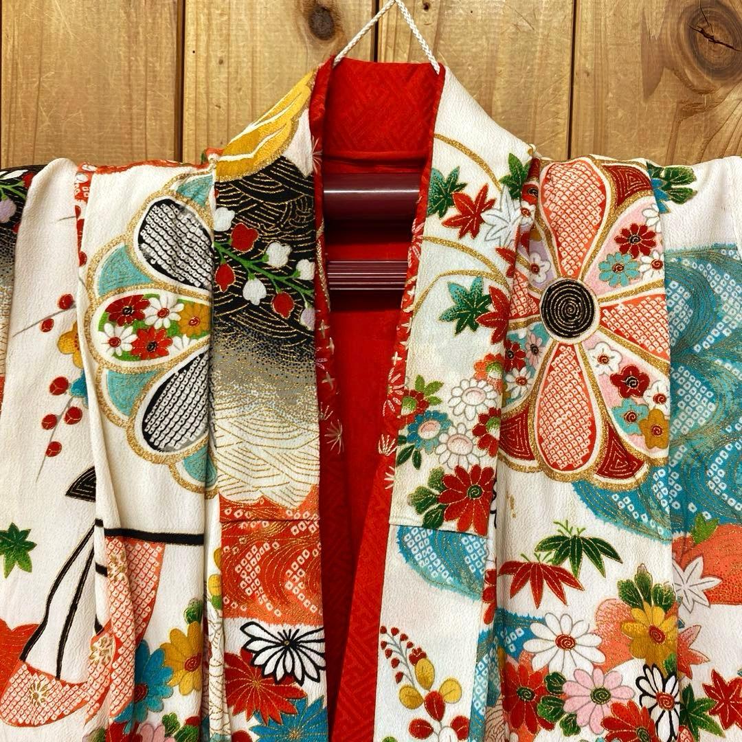 女の子 正絹 着物 七五三 七草 晴れ着 総柄 和柄 レトロ