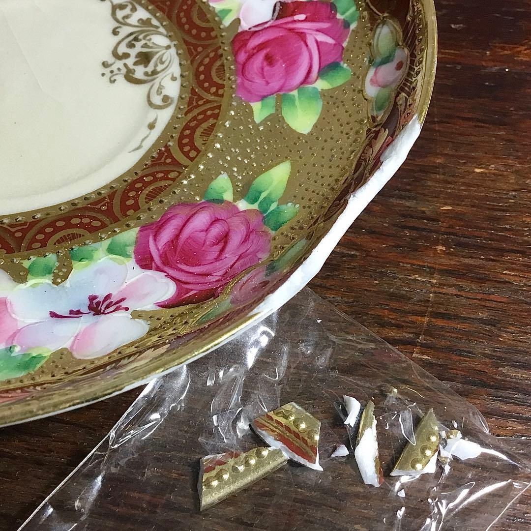 オールド名陶◆ティーカップ ソーサー◆傷あり 金継ぎ用 金彩 薔薇 バラ 戦前