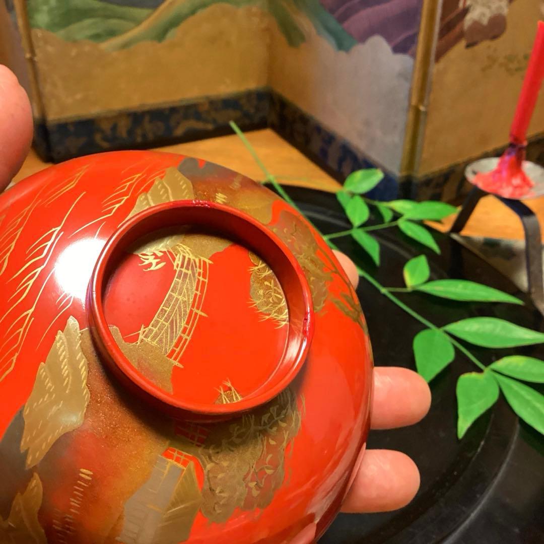 A903木製輪島塗　懐石道具　赤　古典風景蒔絵　『塗師銘仁左衛門』　4客