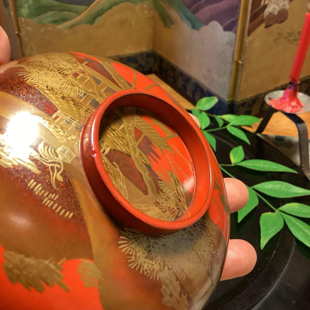 A903木製輪島塗　懐石道具　赤　古典風景蒔絵　『塗師銘仁左衛門』　4客