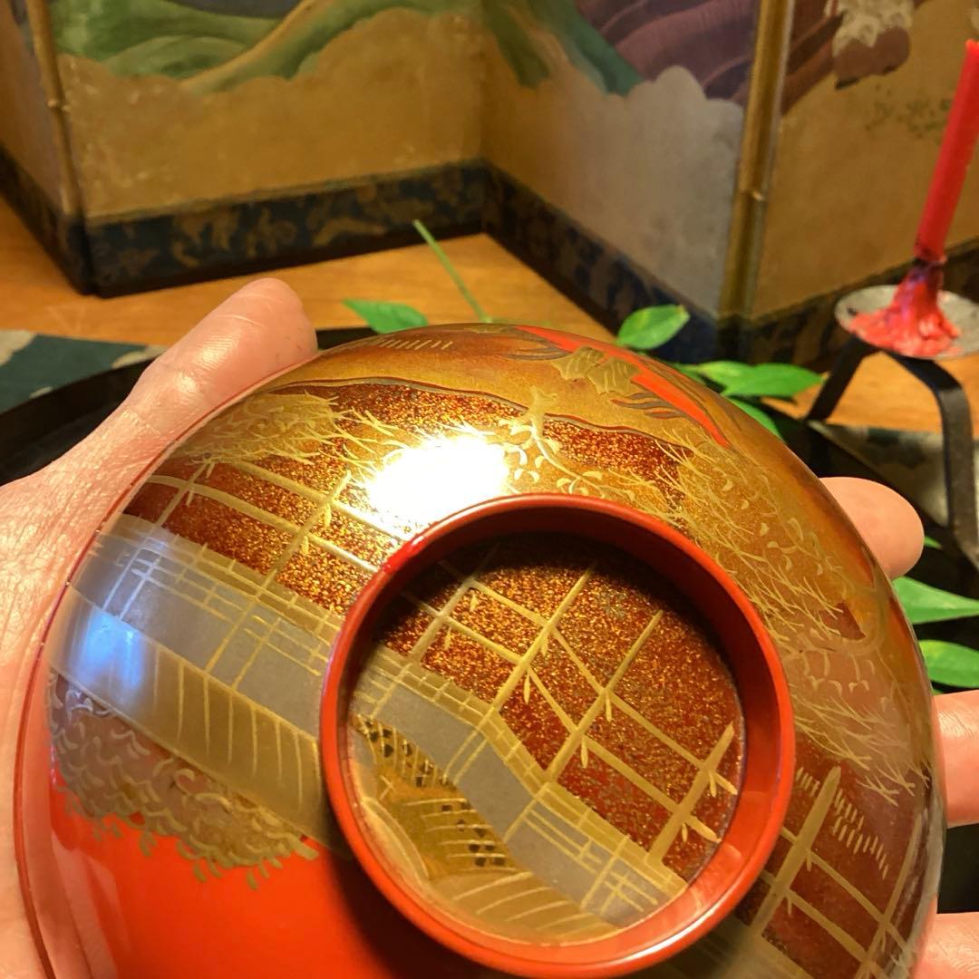 A903木製輪島塗　懐石道具　赤　古典風景蒔絵　『塗師銘仁左衛門』　4客