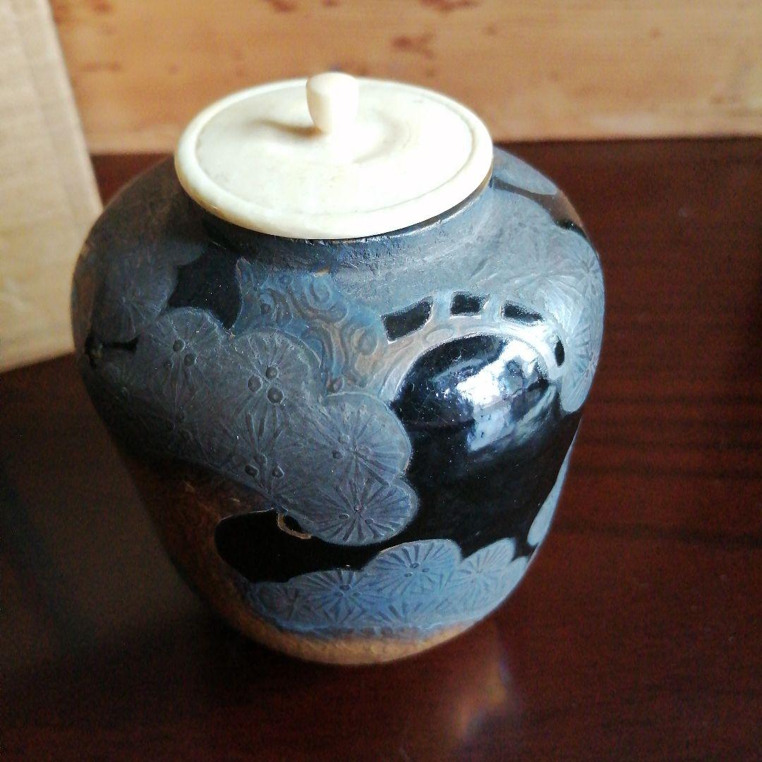 京焼　八世乾山　山本如仙　金彩色絵松木茶入　8.5cm