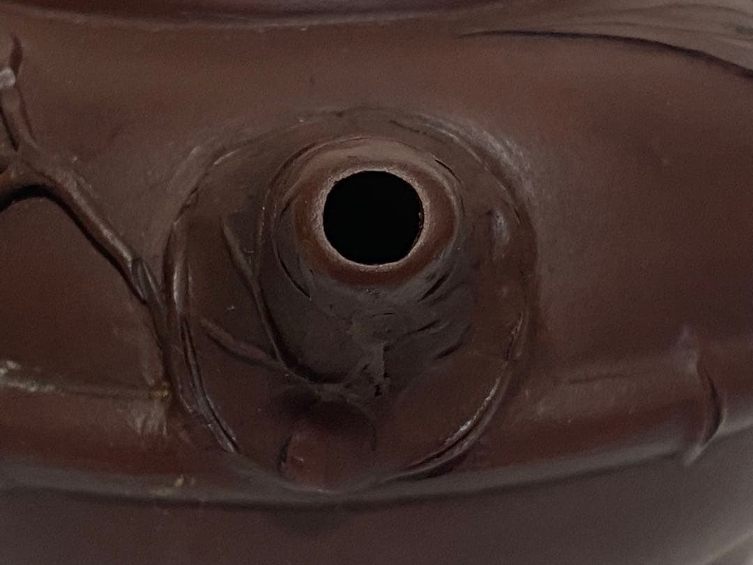 ♦中国？紫泥 梨地 紫砂 竹節 浮き彫り文様 茶壺？宜興窯 煎茶 茶道具 骨董品