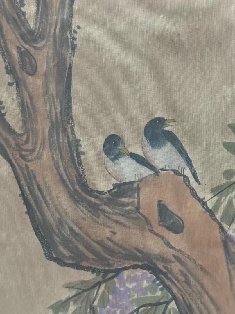 中国古美術 明代 呂紀 手描き掛軸 鳥と木の絵画 絹本 三尺巻き物 書画 中堂画
