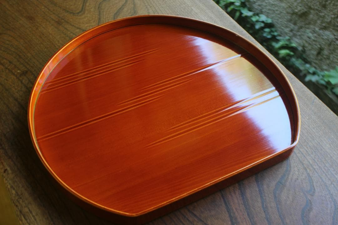 デッドストック！優美な拭き漆の映える春慶塗の半月盆（検漆器漆盆茶道具お盆お膳