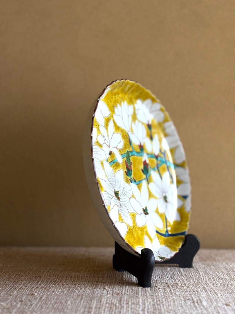 九谷焼【山岸政山作】 希少 九谷五彩 大皿 飾り皿 花紋 古美術 伝統工芸