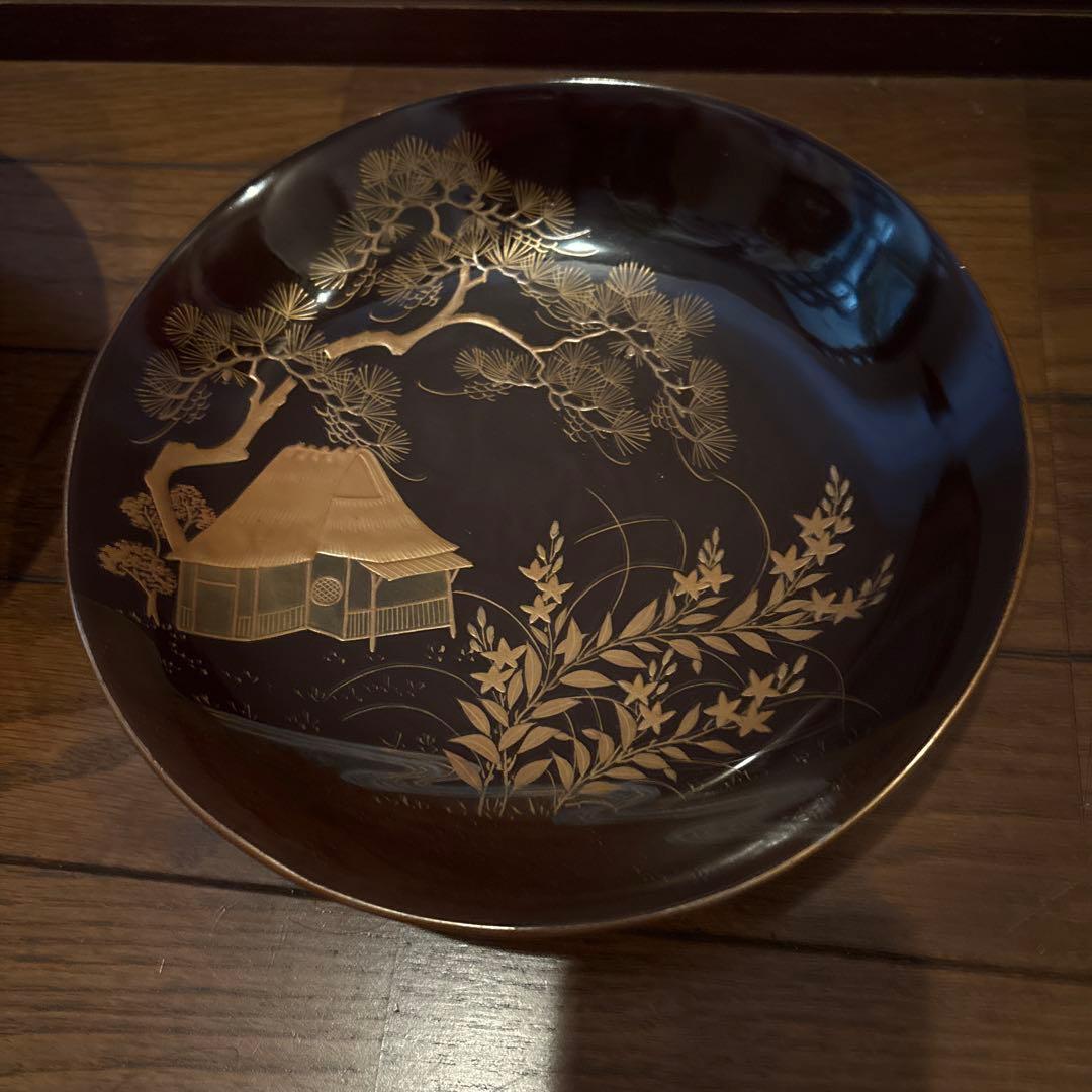 黒塗蒔絵菓子鉢アンティーク大平木箱付き漆器蓋付き金蒔絵風流な絵付けわびさび茶道具